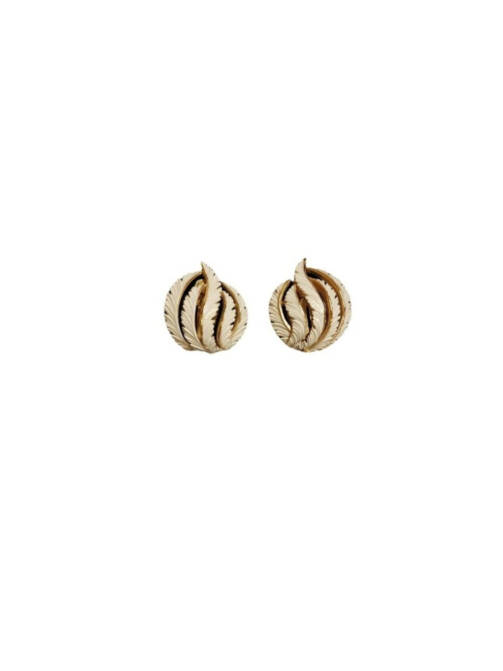 Vtg 1960s Crown Trifari White Enamel Gold Toned Round Feathers Clip-On Earrings